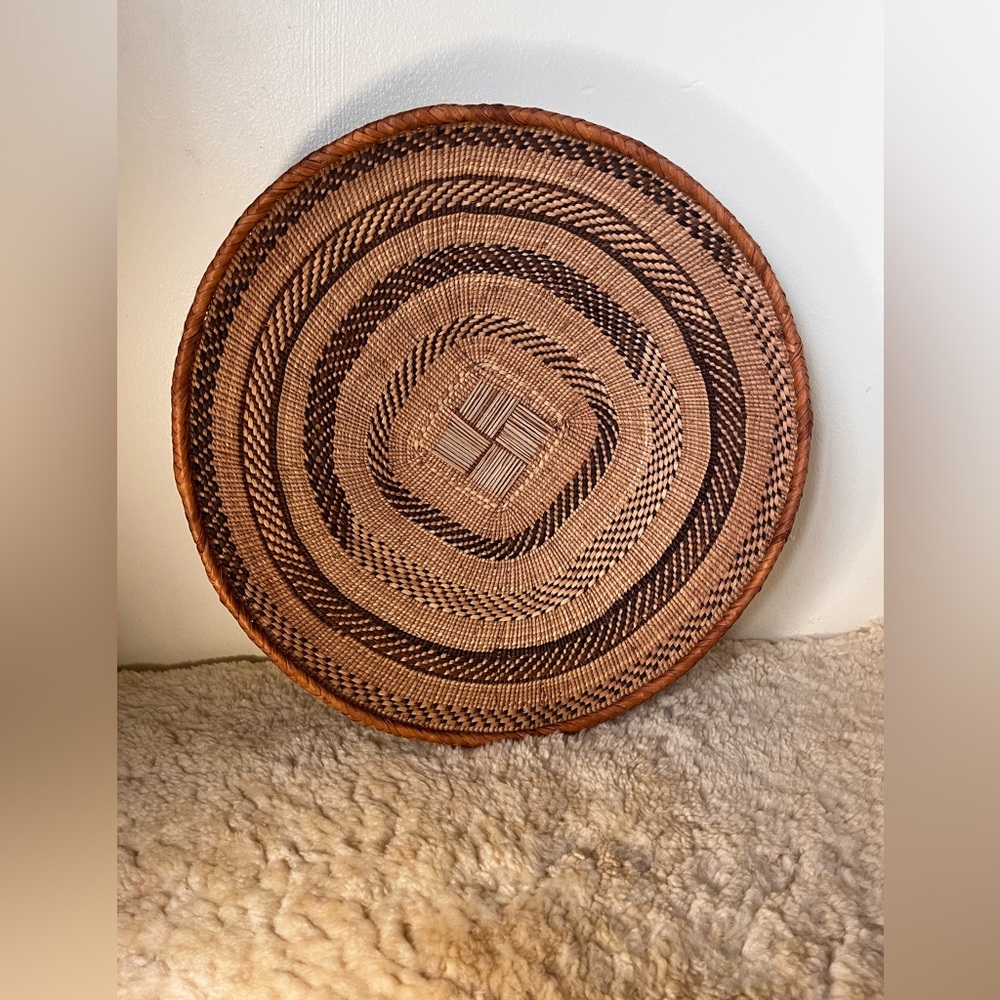 African Tonga Binga Grass Woven Basket Zimbabwe 18” Handmade